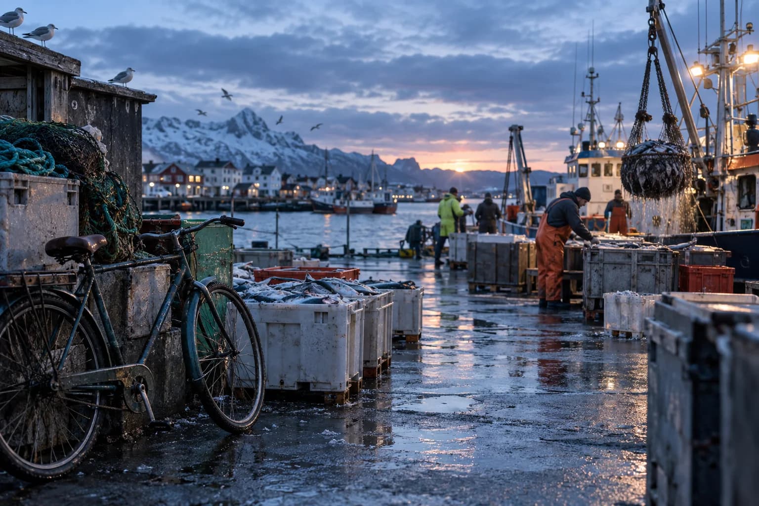 a fish market beside small boats; first light after rain; a northern harbor