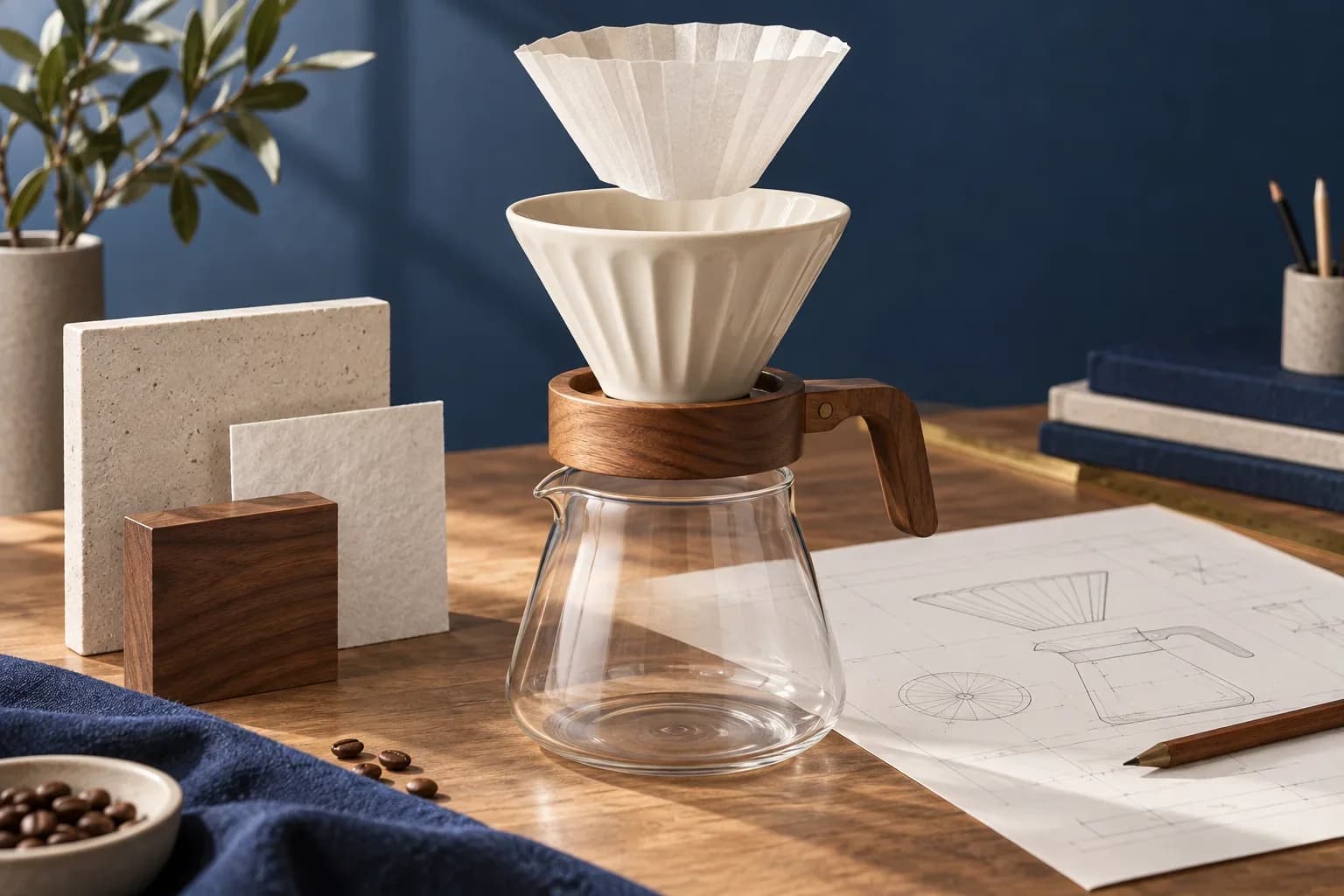 Unbranded wireless speaker with fabric, wood, and metal layers shown in a listening room