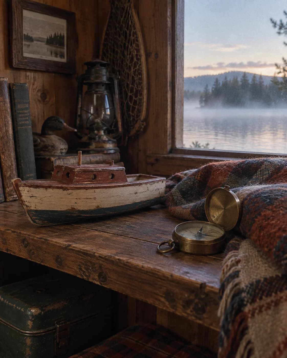 a brass alarm clock, a book with no readable cover, and dried flowers in a rented room with a lace curtain, a three-quarter bedside composition with a long shadow with late golden light through the curtain
