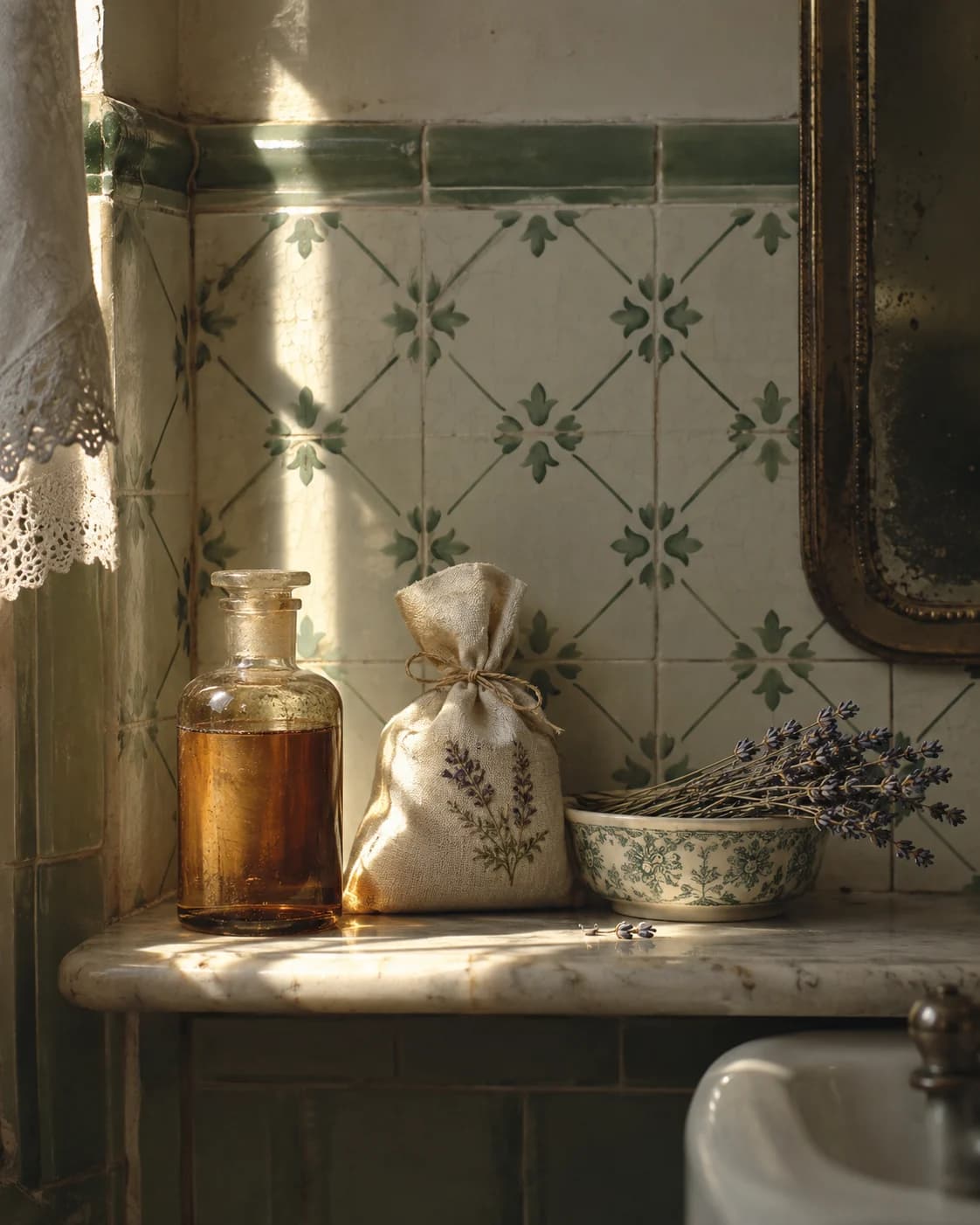 a ceramic bird, blank matchbox, and old kitchen key in a worn enamel shelf beside a tiled kitchen, a centered shelf portrait with layered patina with cool morning light with gentle bounce