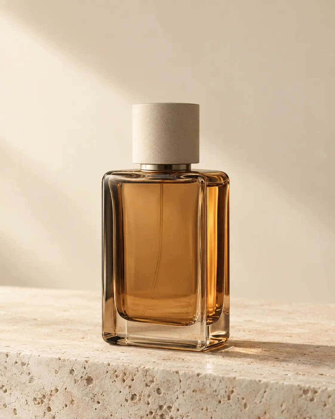 Unbranded amber glass perfume bottle on pale travertine in warm studio light