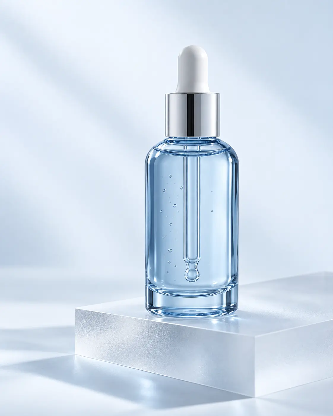 Unbranded clear blue glass serum bottle on frosted acrylic in cool studio light