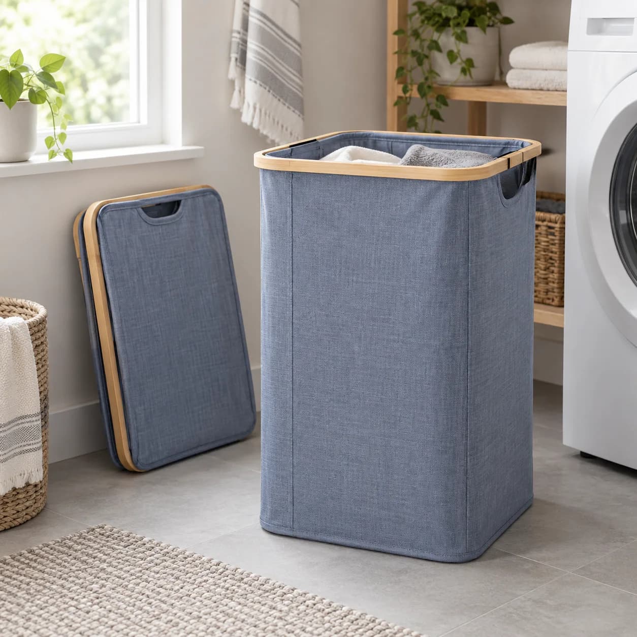 two fabric laundry hampers; a paired sorting station; a bright utility room