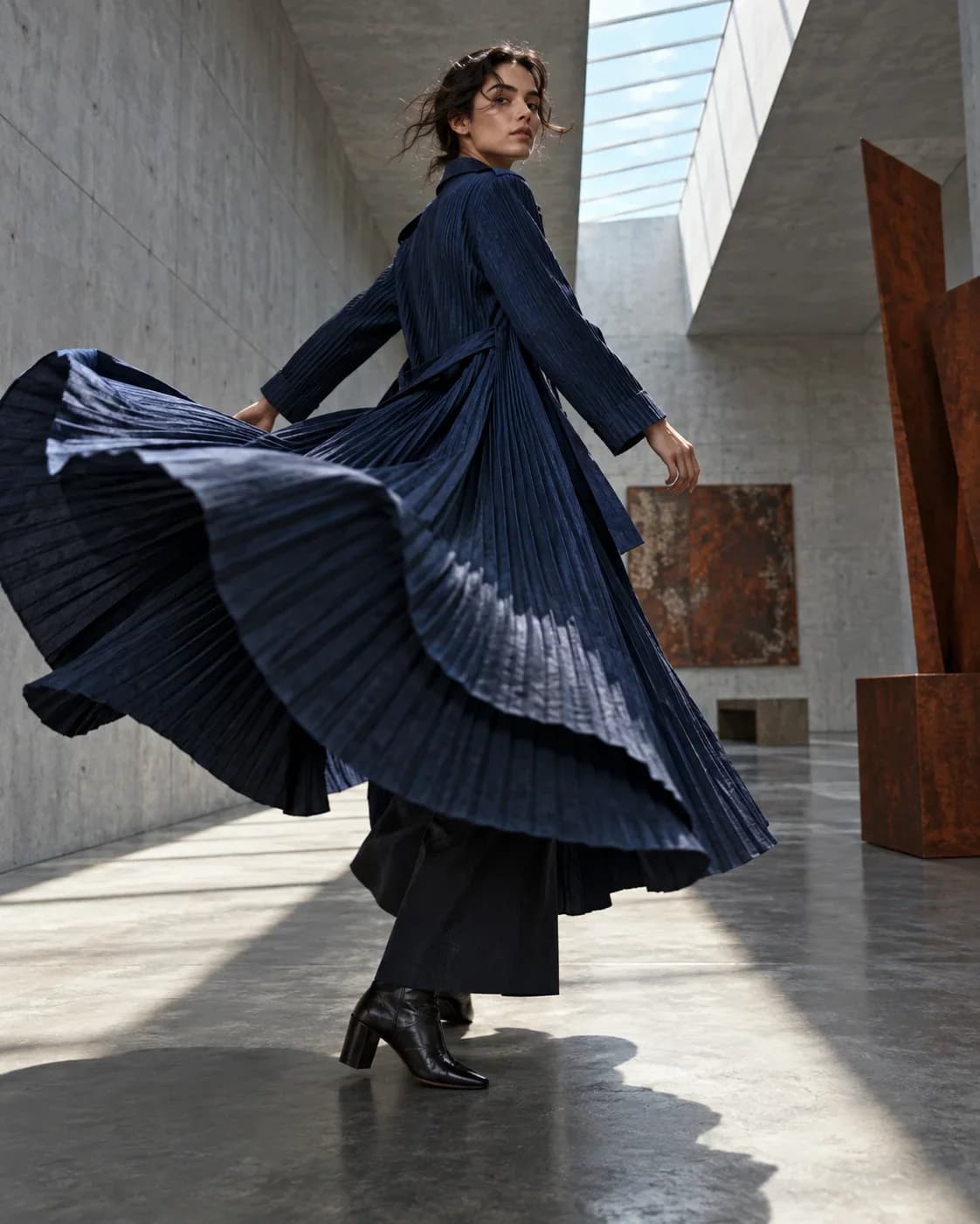 Dancer turning in a pleated indigo coat inside a concrete gallery