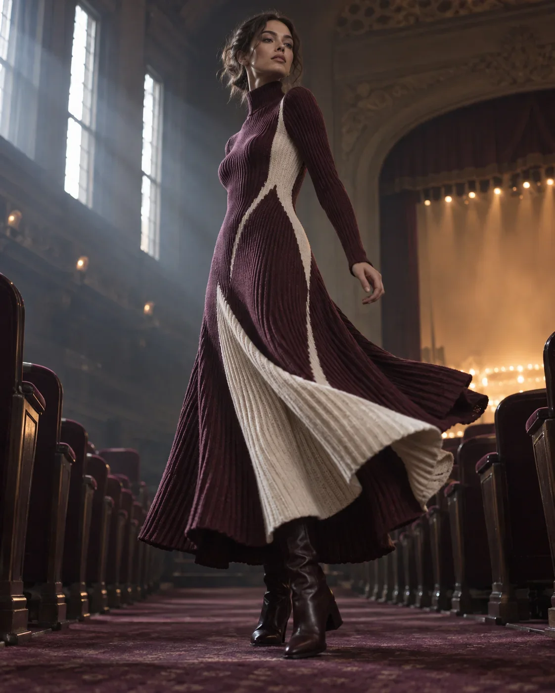 Model in a sculptural knit dress moving through an empty theater aisle
