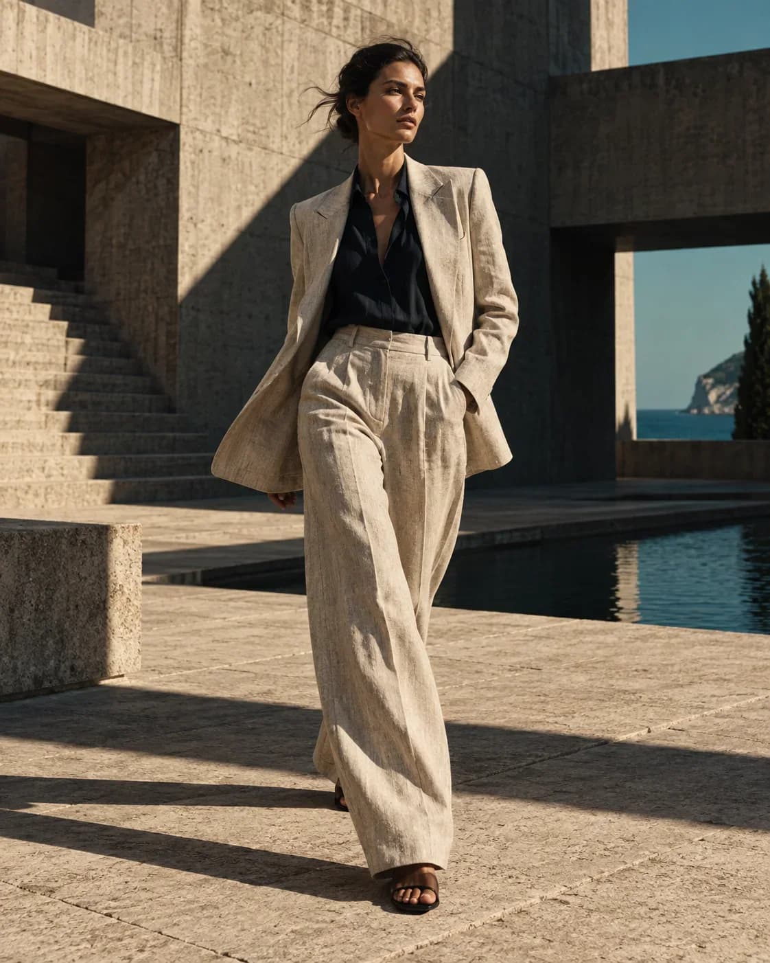 Tailored linen suit in motion across a brutalist courtyard