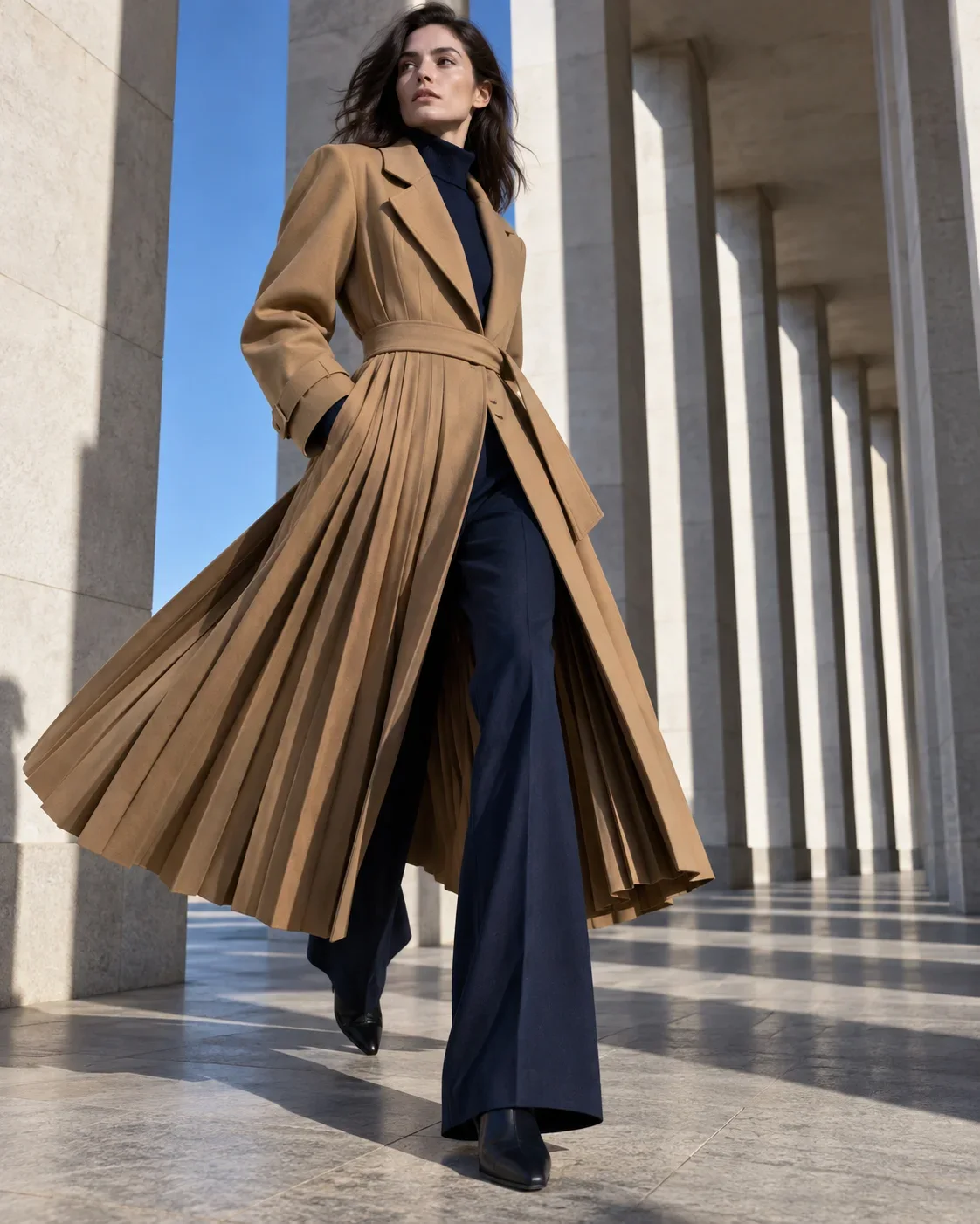 Editorial model wearing a wool cape at a windswept stone overlook