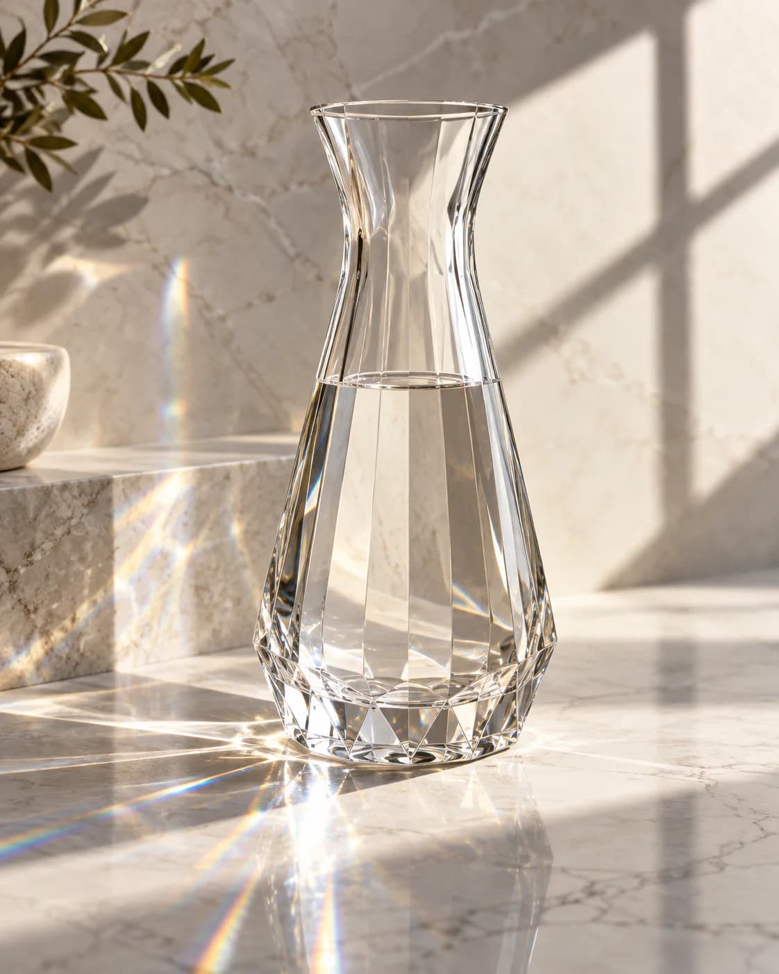 a faceted glass carafe; a narrow rainbow refraction; pale limestone