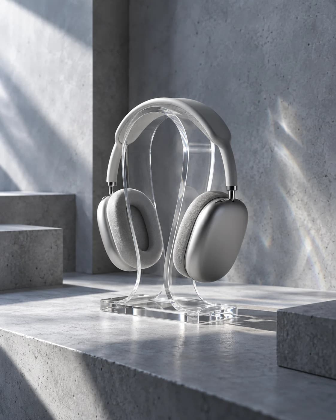 clear over-ear headphones; a vertical watery caustic; blue-gray stone