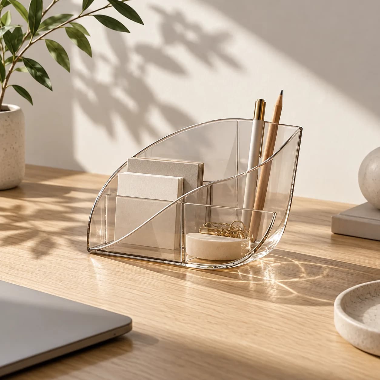 a translucent desk organizer in a curved leaf shadow, pale oak