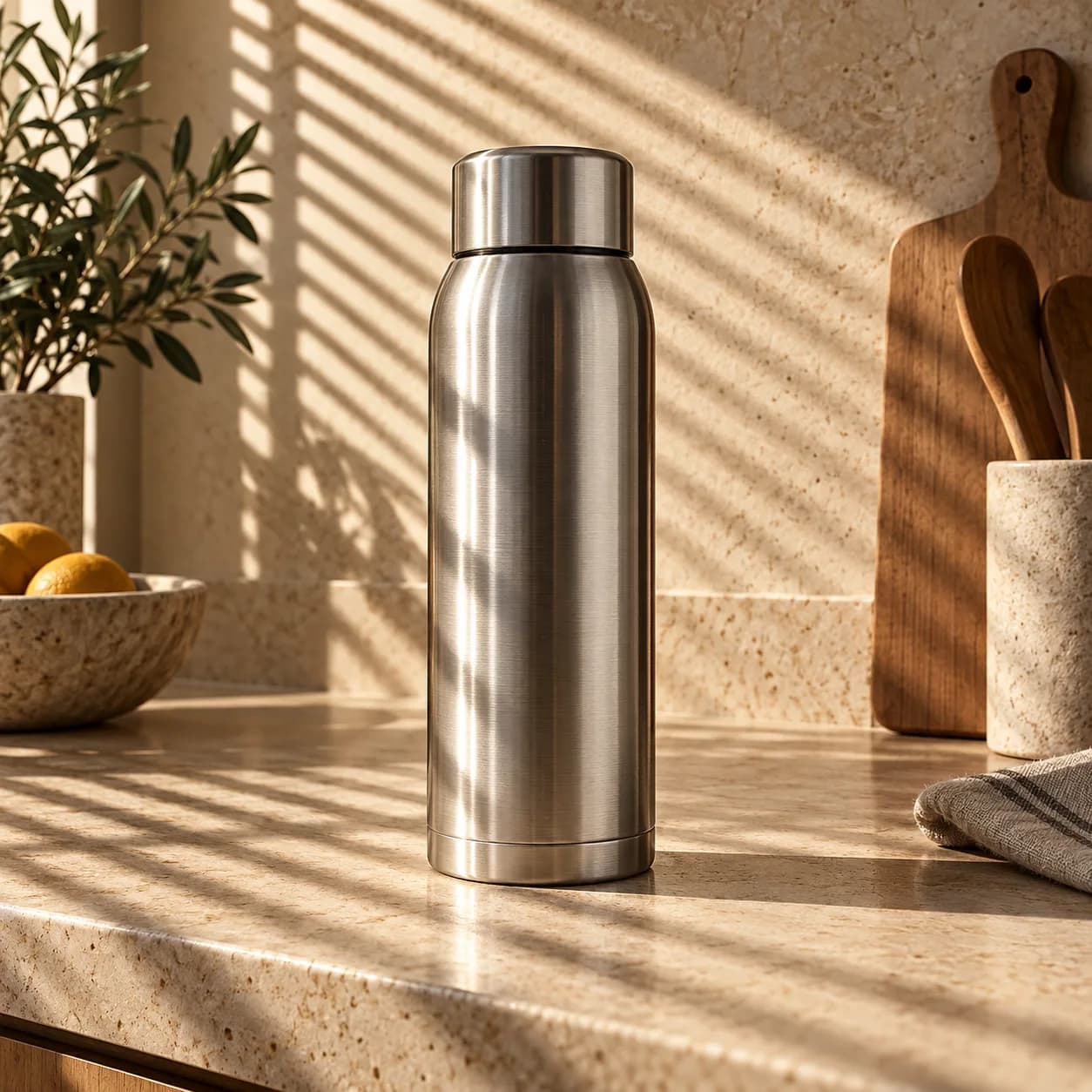 a brushed steel thermos in parallel blind shadows, warm limestone