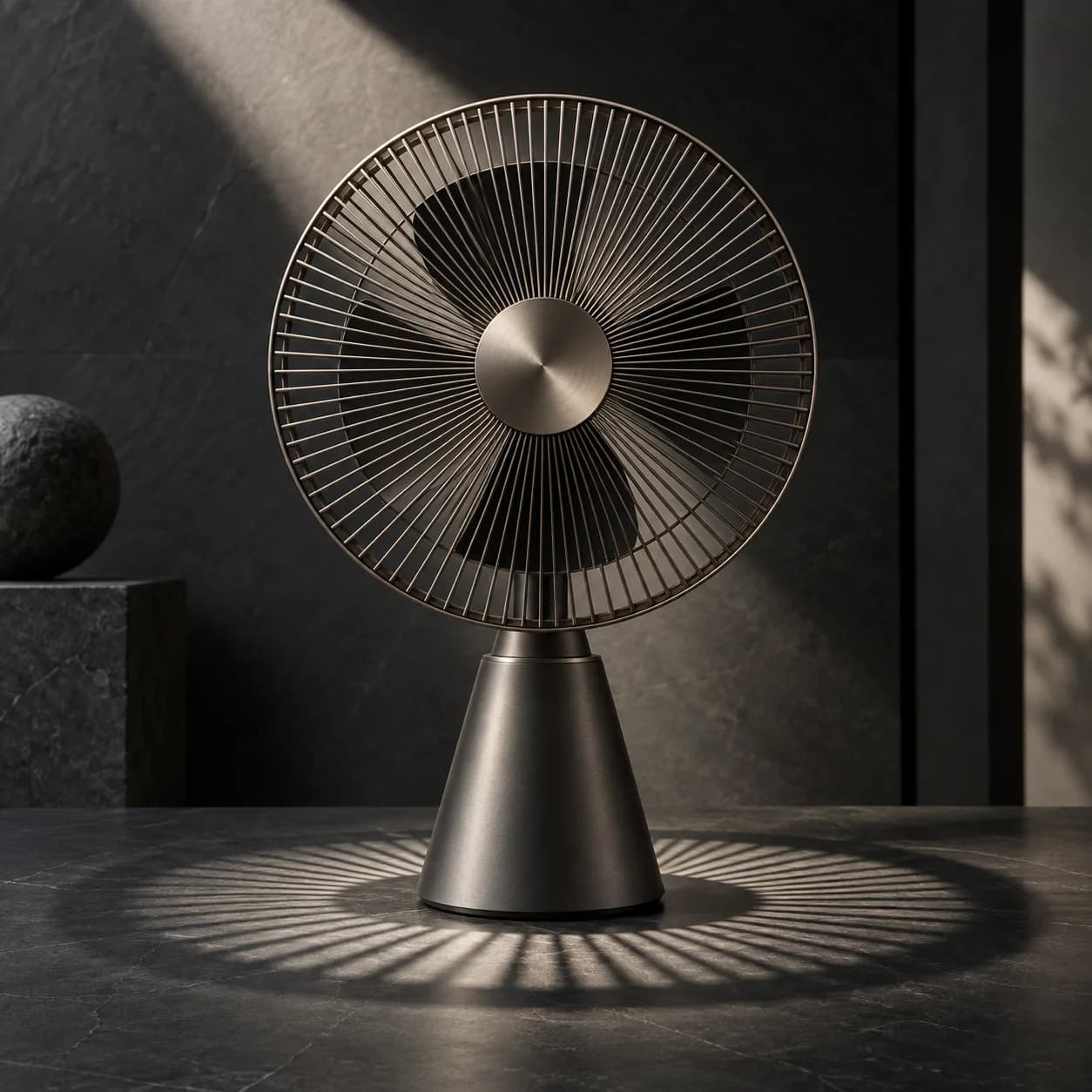 a sculptural table fan in a circular lattice shadow, dark slate