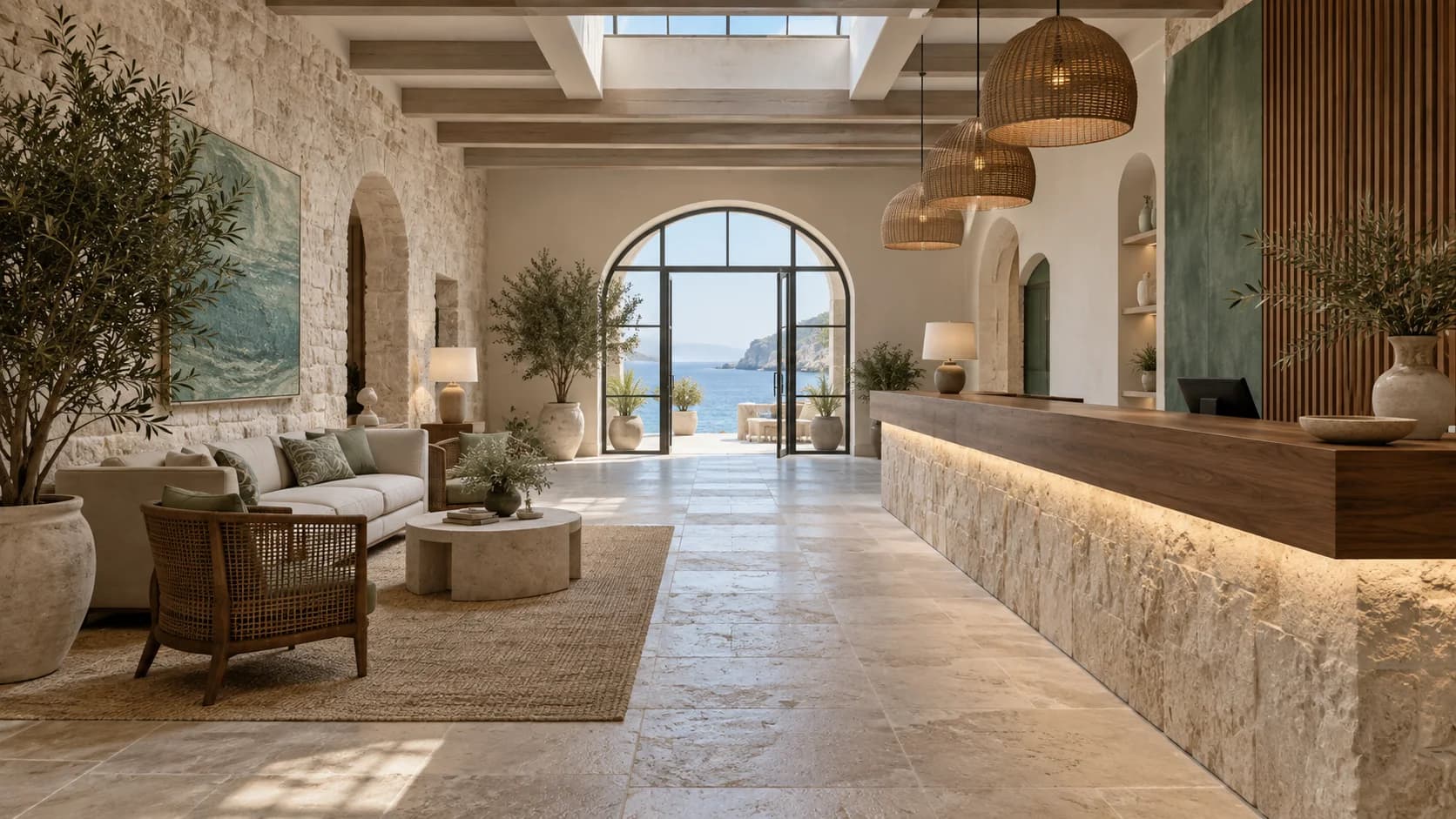 a boutique hotel reception; a long travertine check-in desk; a coastal stone building
