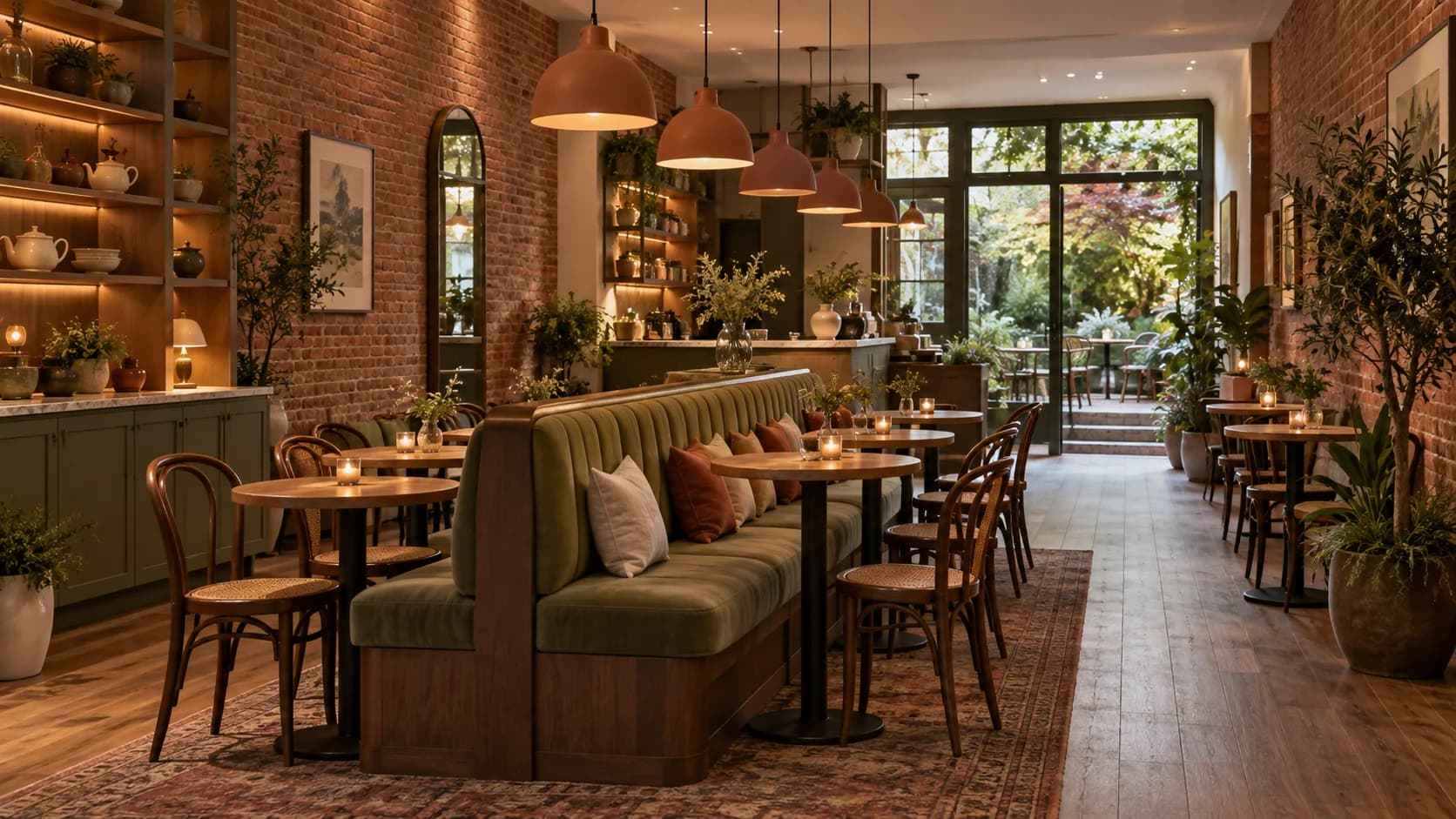a neighborhood wine bar; a curved timber bar; a converted brick storefront