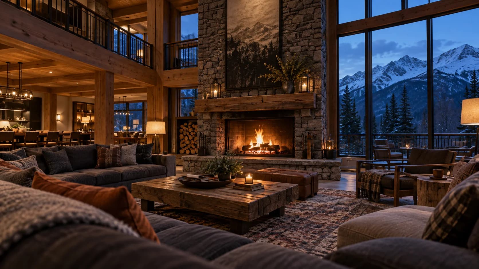 a mountain lodge lounge; a stone fireplace wall; a timber-framed valley retreat