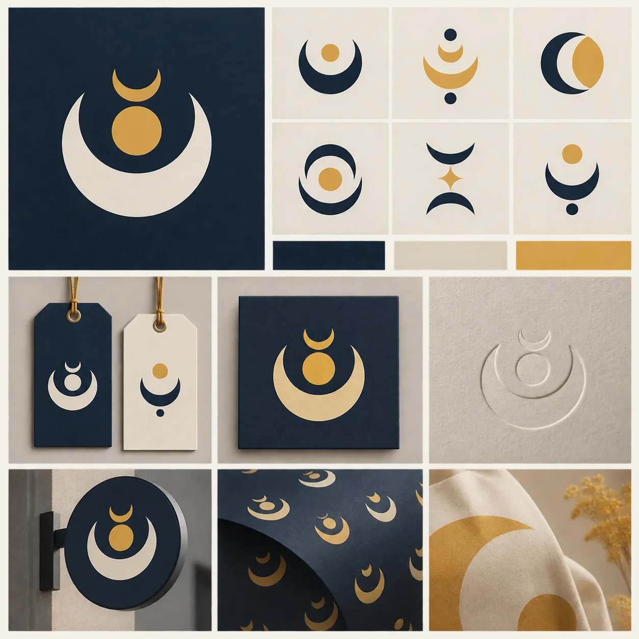Abstract crescent symbol shown across hang tags, cards, embossed paper, and sign form