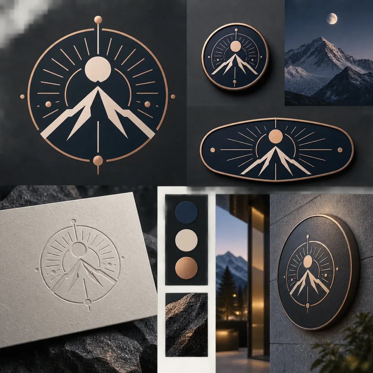 Abstract radial peak symbol shown across seals, badges, cards, and plaque forms