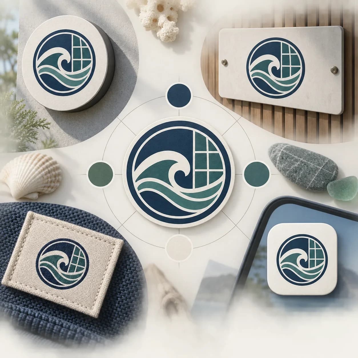 Abstract wave-and-grid symbol shown across badges, plaques, labels, and app tile