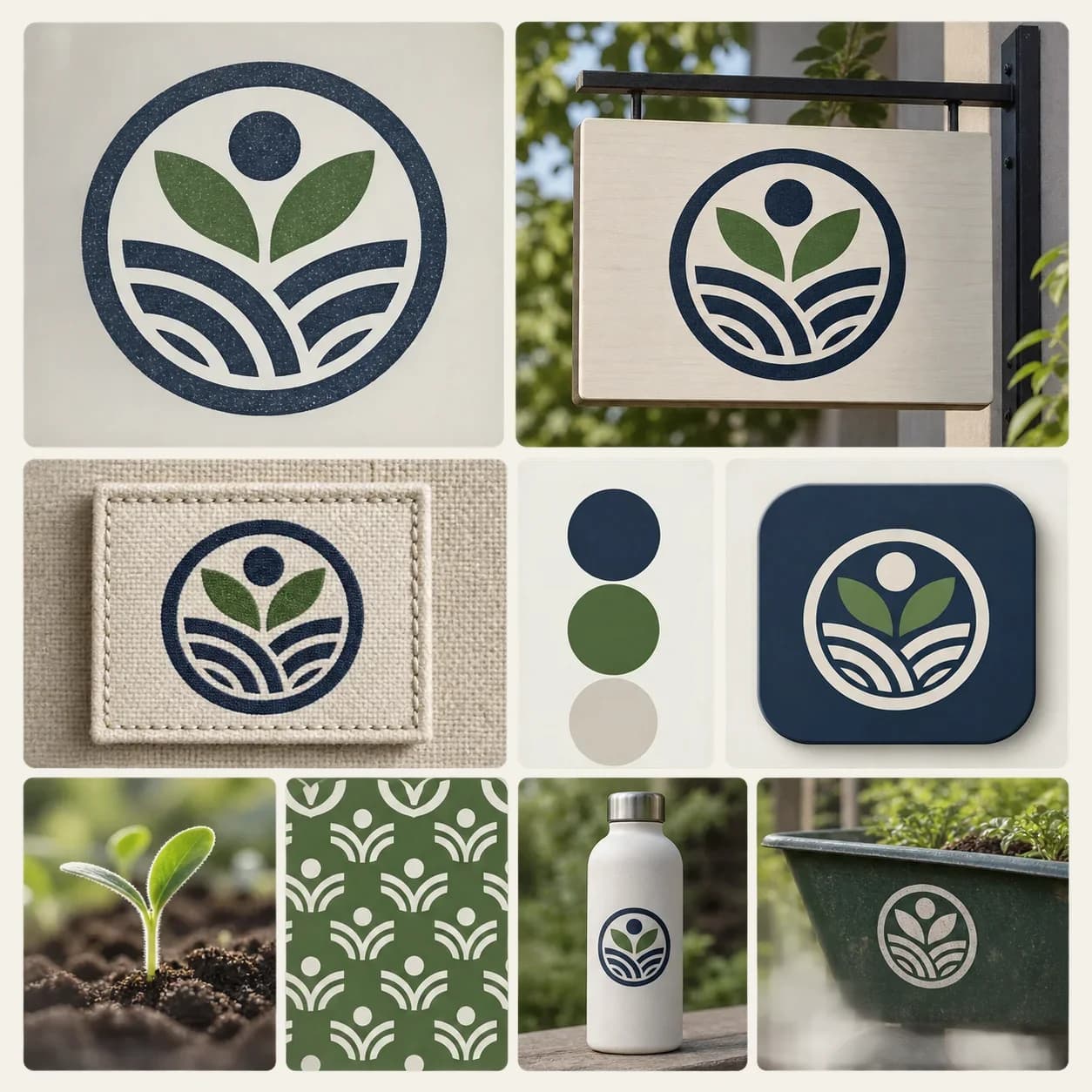 Abstract aperture symbol shown across cards, seal, plaque, and mobile tile