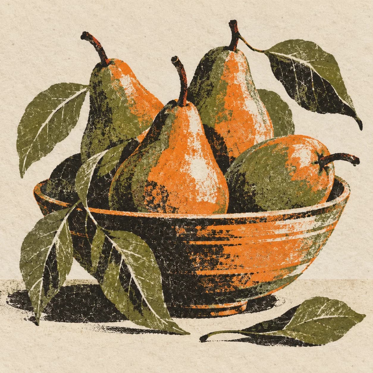 a basket of pears and leaves; botanical risograph with ink overlap; speckled ivory paper