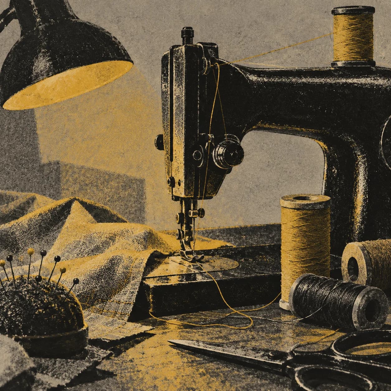 an old sewing machine; duotone workshop print with misregistered edges; gray newsprint texture