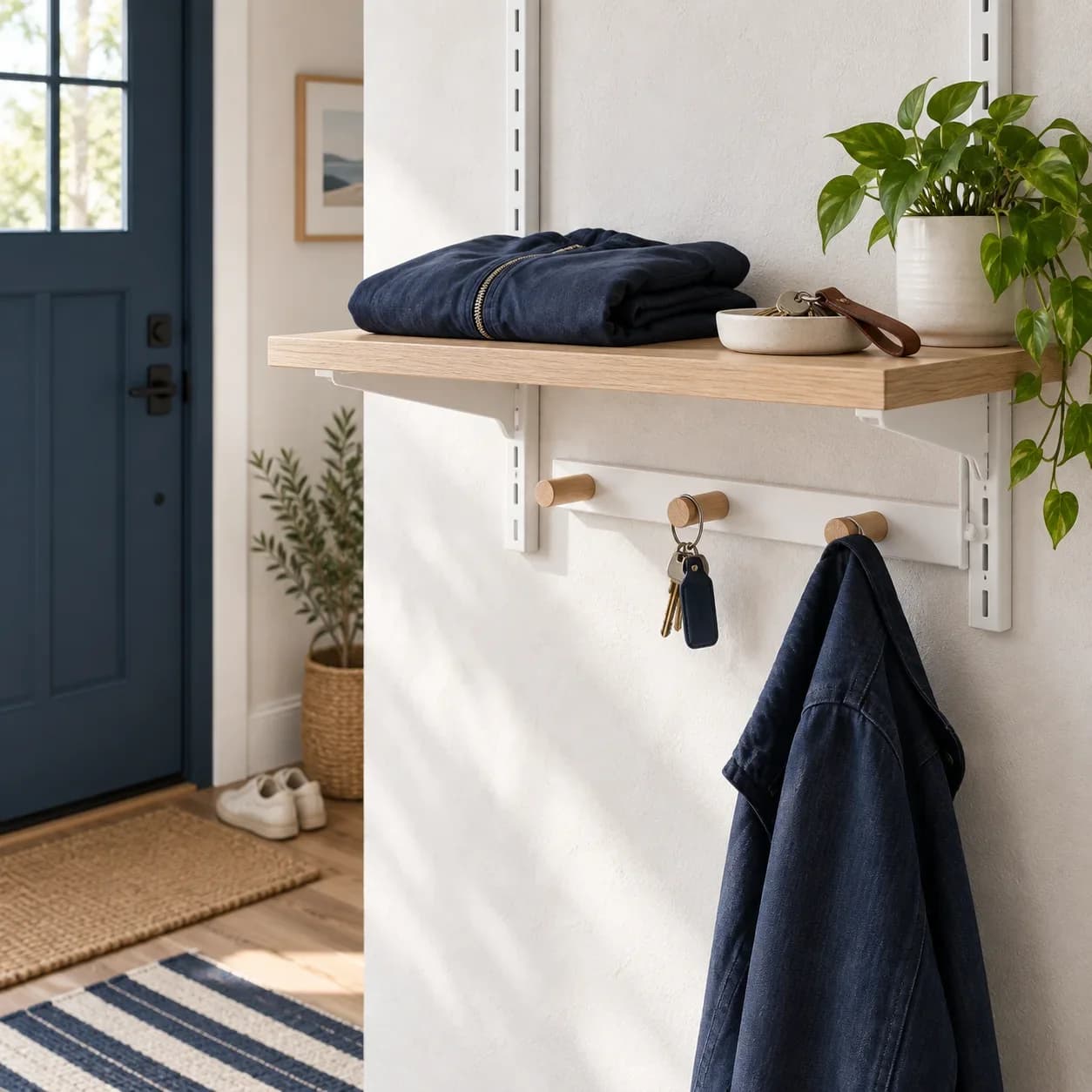 Adjustable wall shelf with jacket and key bowl in a compact entryway
