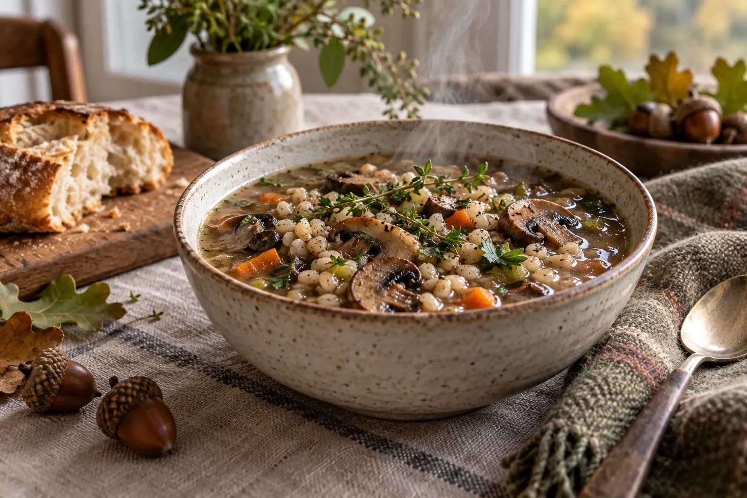 Mushroom barley soup with autumn cues on a linen kitchen table