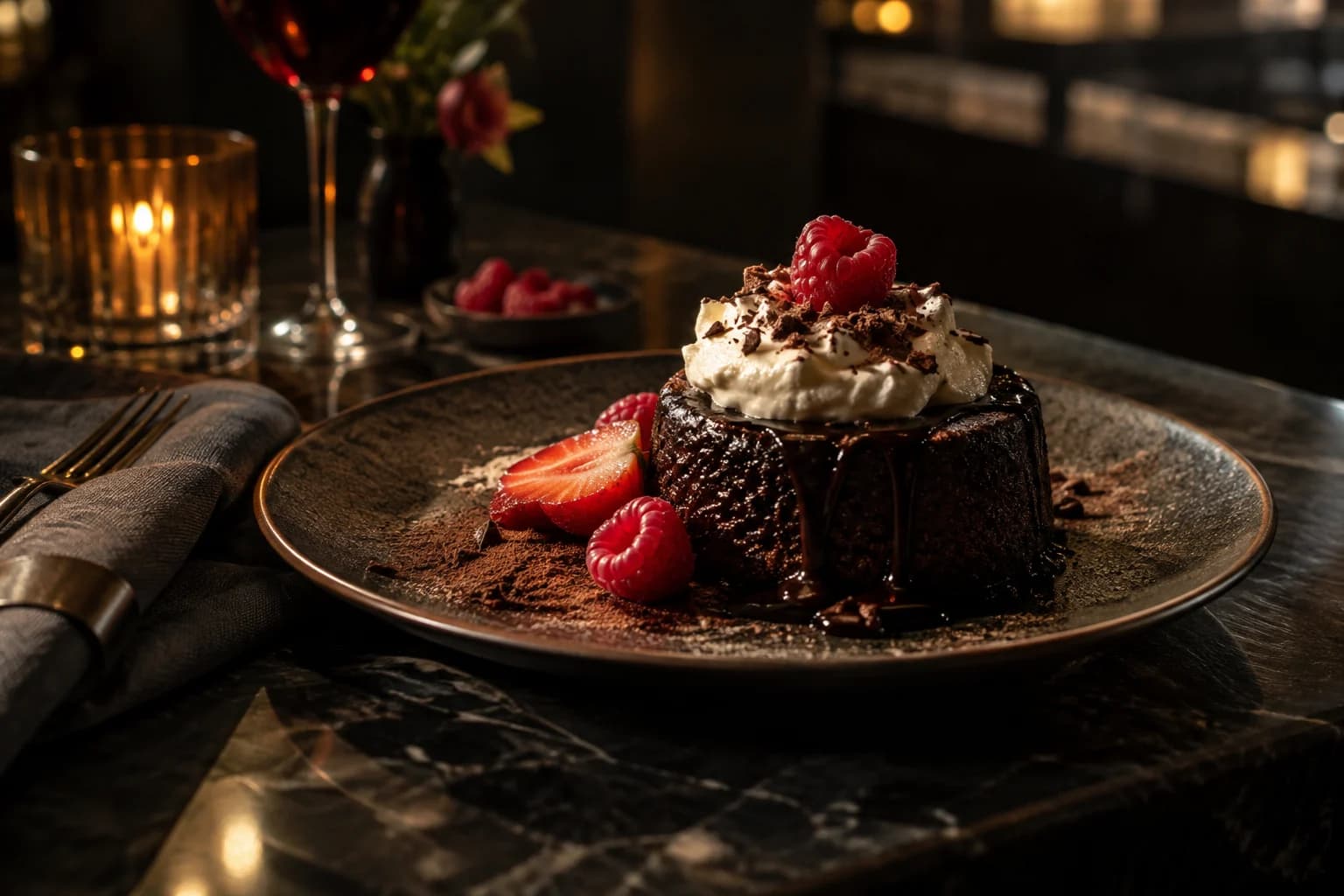a celebratory mushroom and grain platter in a candlelit table with folded napkins and shared serving bowls, a wide table story with the platter anchoring the center with warm candlelight balanced by a cool dusk window