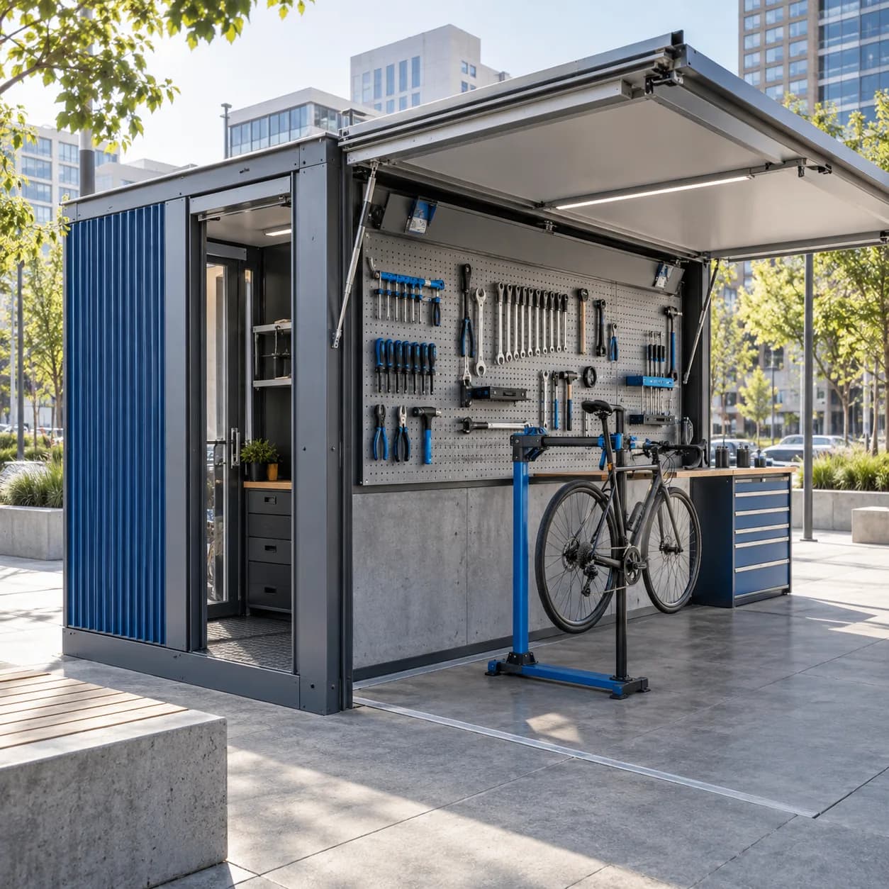 a modular bicycle-repair kiosk in an urban plaza, diagonal view showing entry and work zone