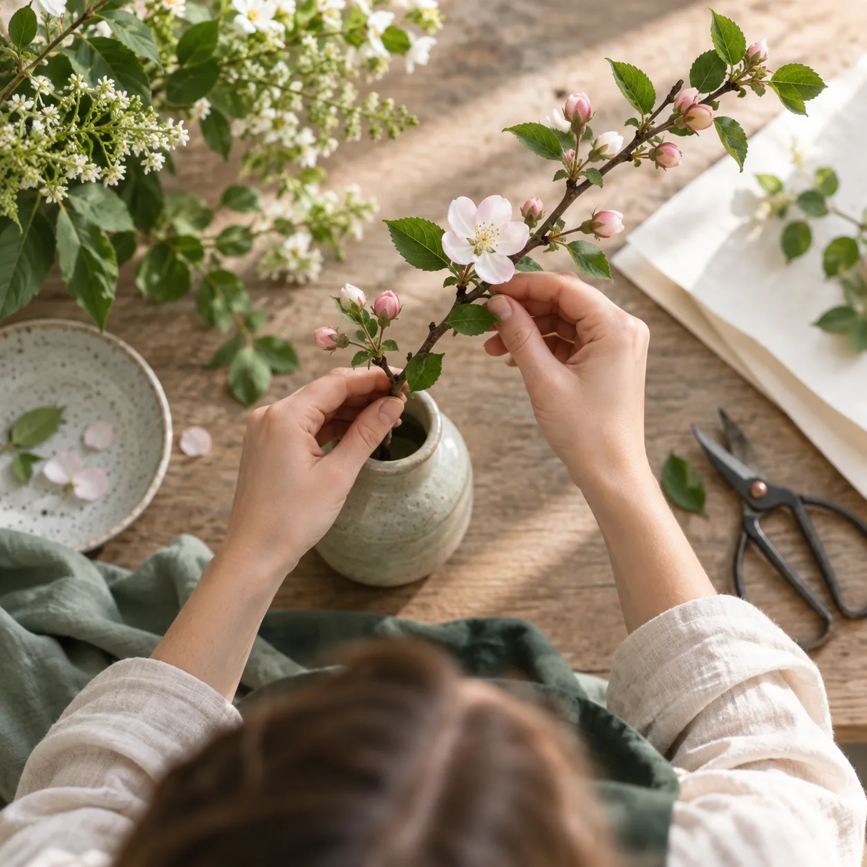 a florist arranging a single branch in a quiet worktable, intimate overhead story frame