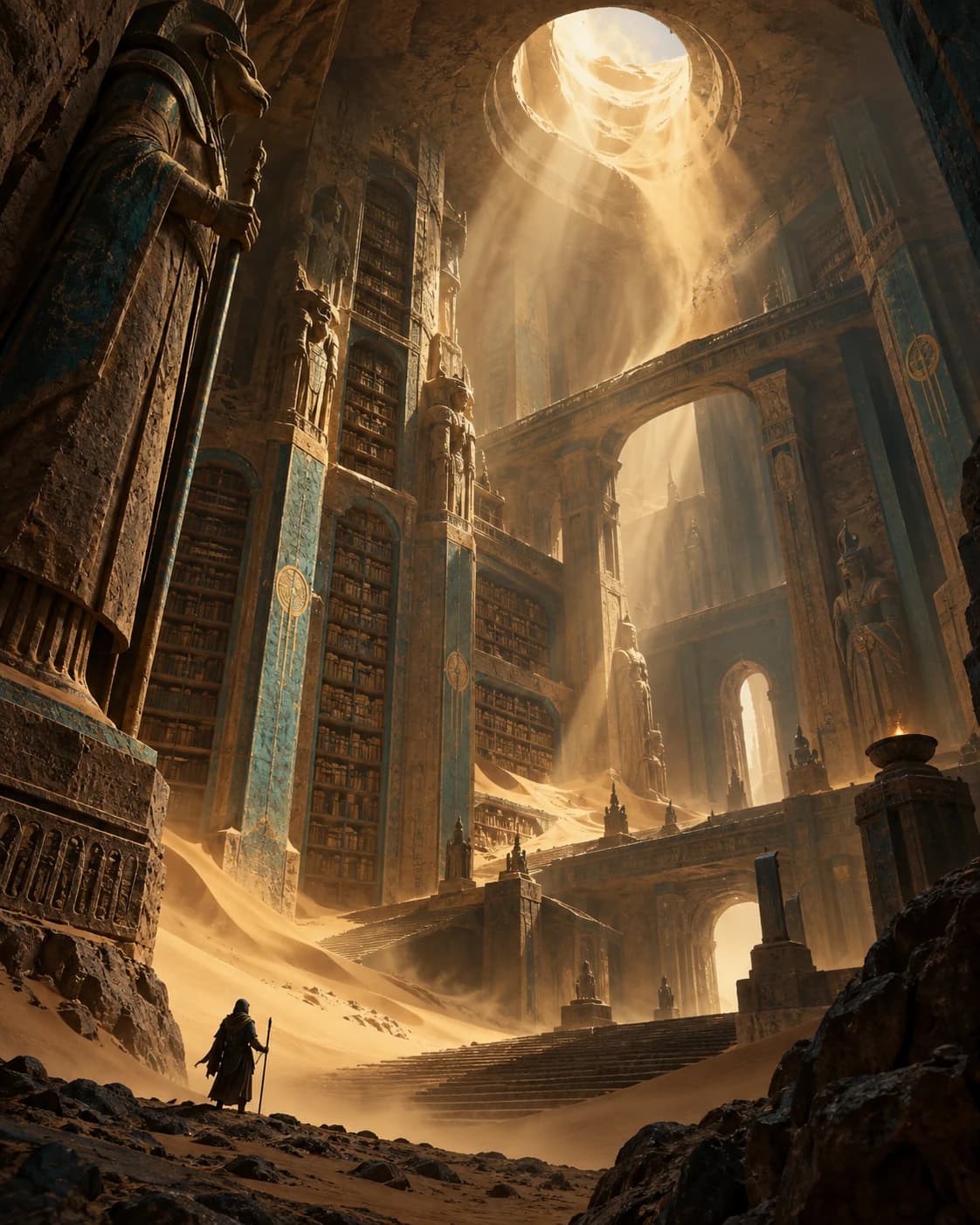 a subterranean desert archive in a monumental carved stone library with sand entering a skylight, a low-angle scale composition with strong shafts of warm light