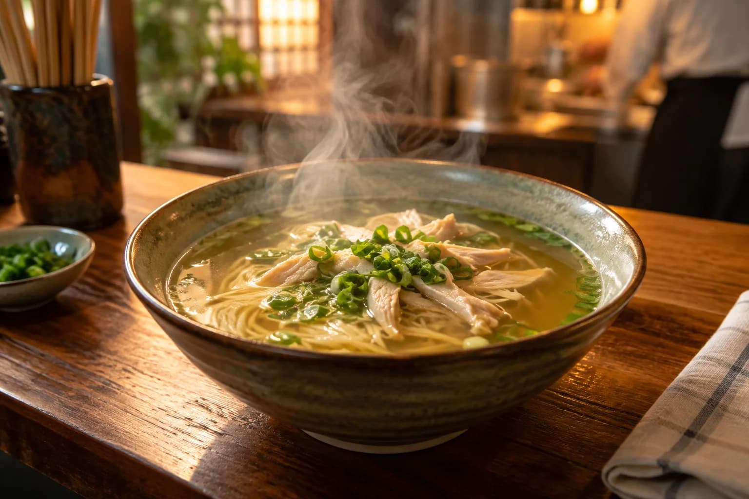 a bowl of hand-pulled noodle soup; just served with curling steam; a quiet neighborhood café