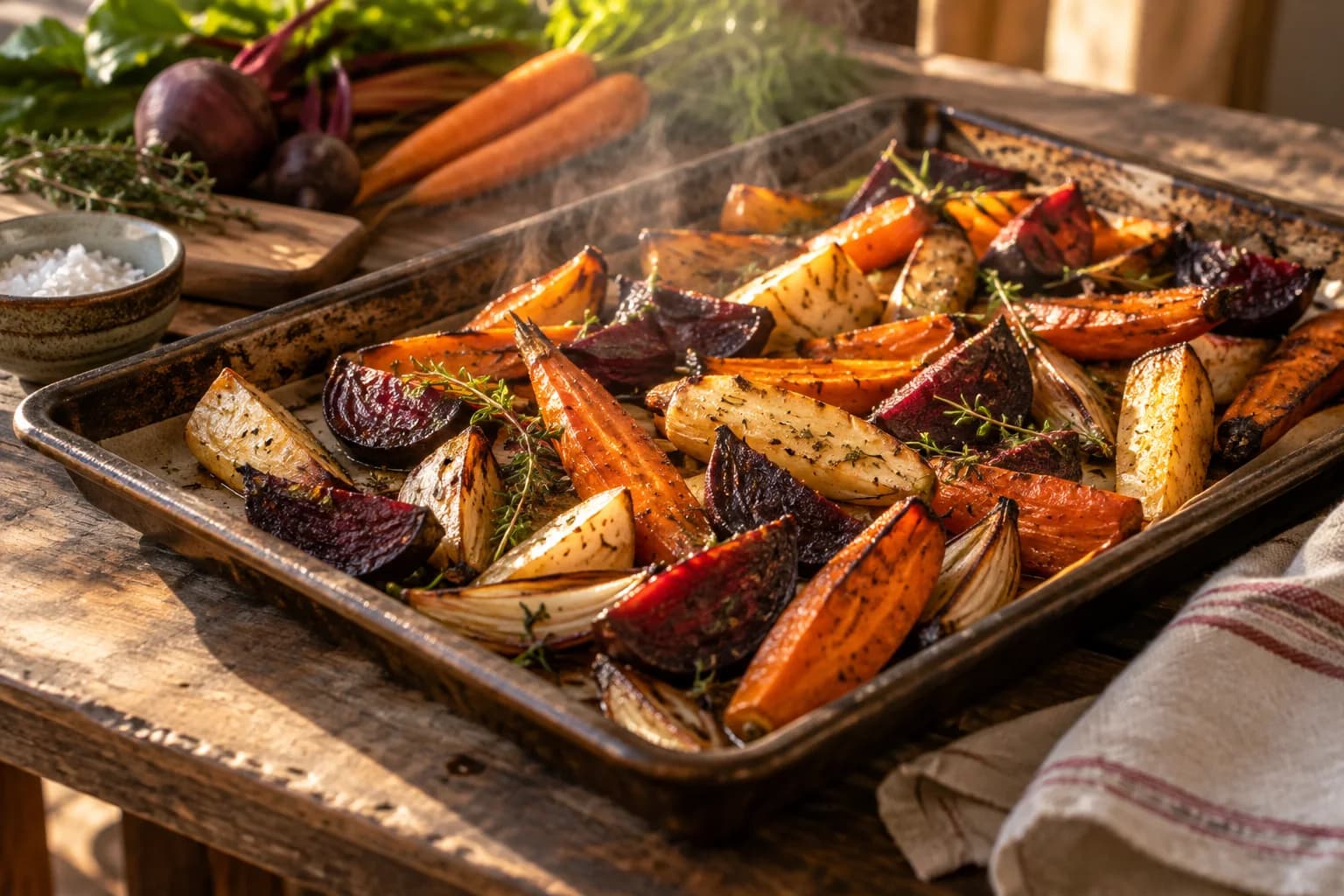 a tray of roasted root vegetables; steaming at the shared table; a rustic dining room