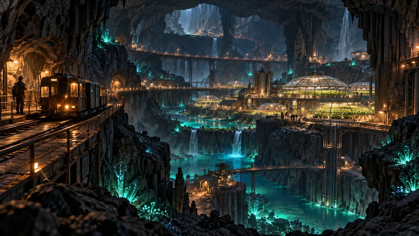 Suspended rail line beneath limestone arches serving an underground mining settlement