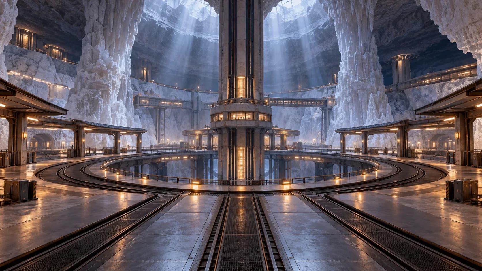 Freight elevator descending through a giant root above a fungal district