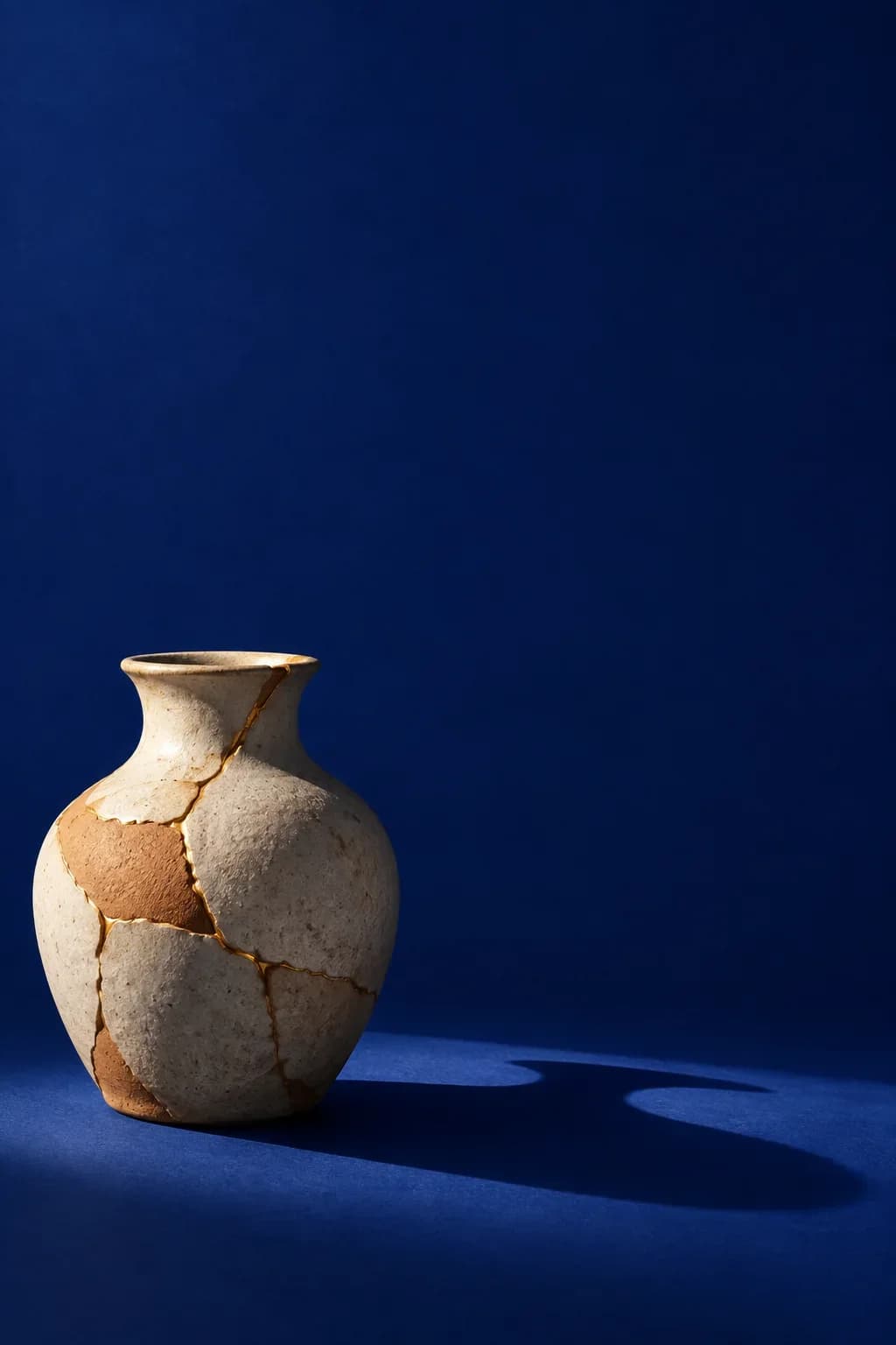 Repaired ceramic vessel on an ultramarine copy-safe campaign poster field