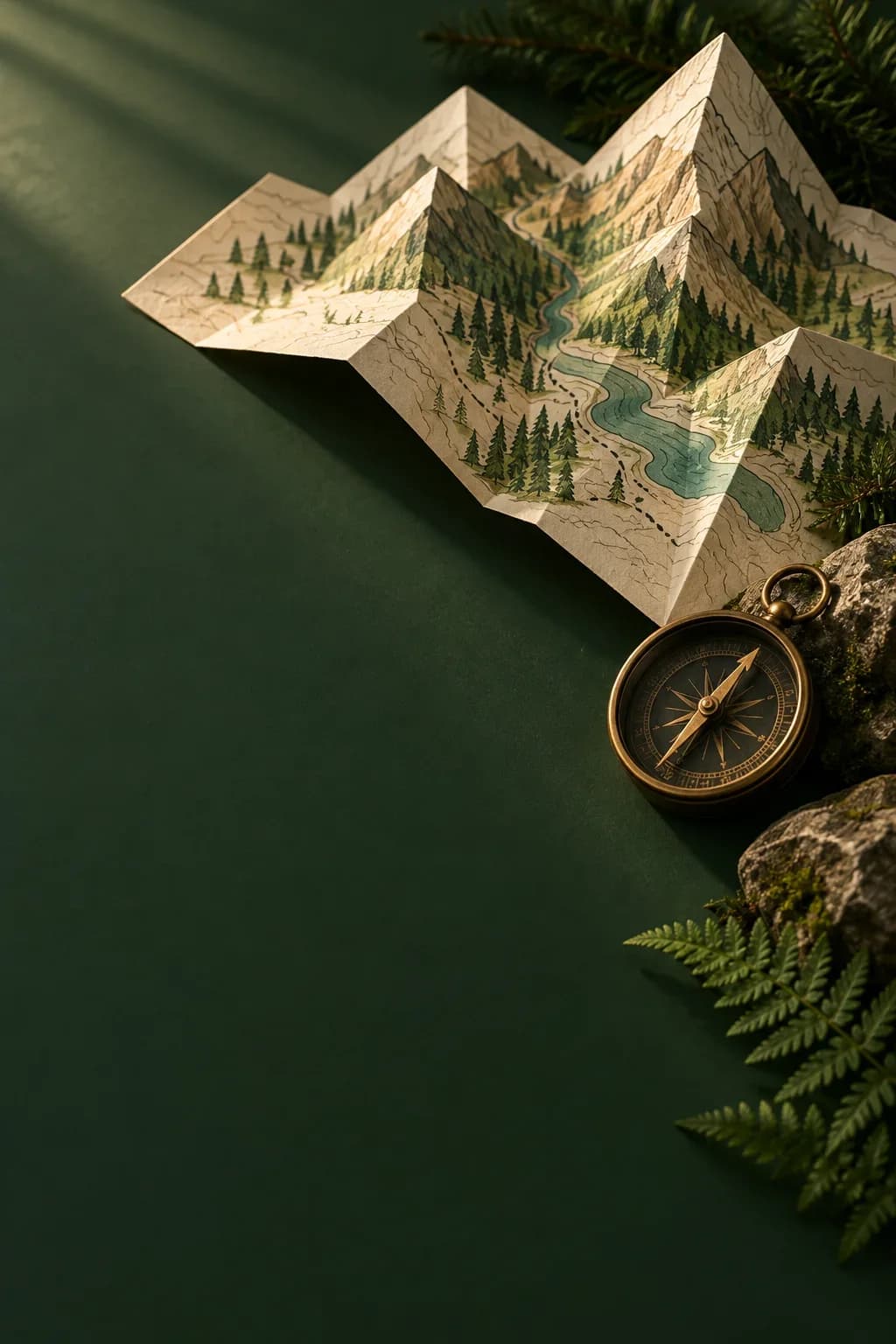 Folded paper map sculpture and compass on a deep green campaign backdrop
