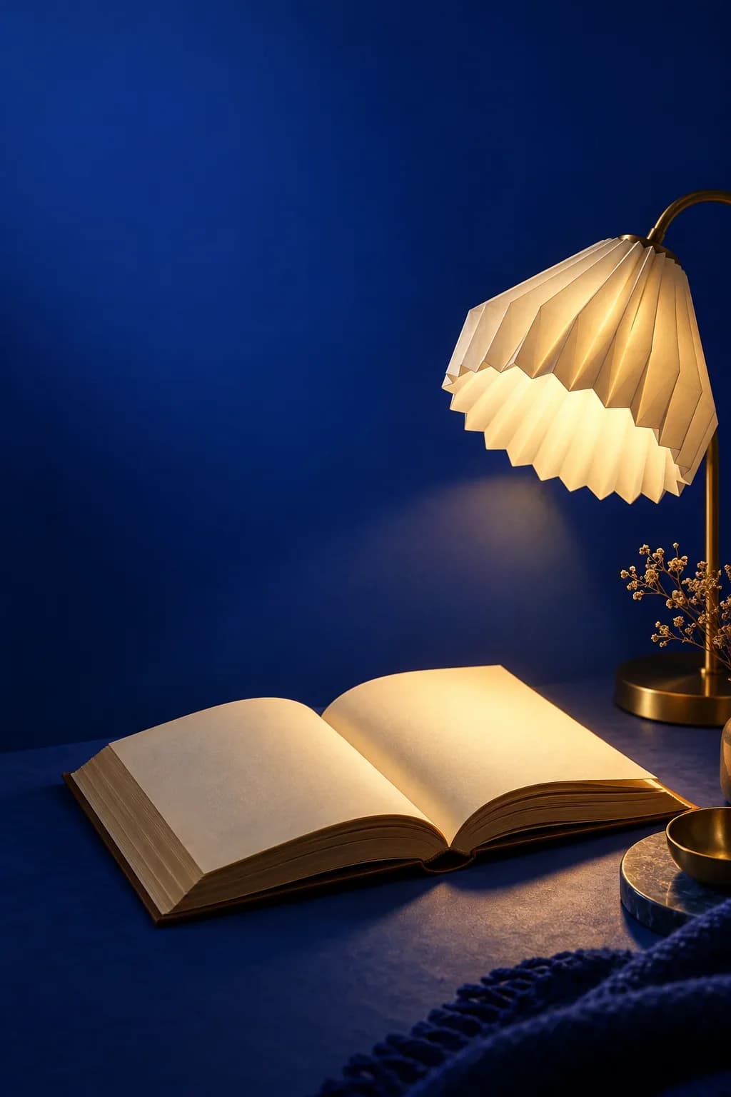 Open book and sculptural paper lamp in a cobalt advertising composition