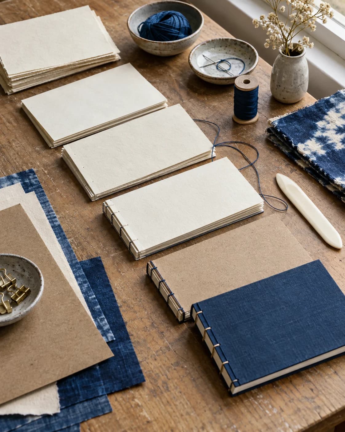 hand-thrown ceramic glazing in a quiet pottery workbench with bowls, glaze cups, and brushes, a layered diagonal sequence from raw form to finished glaze with soft studio window light