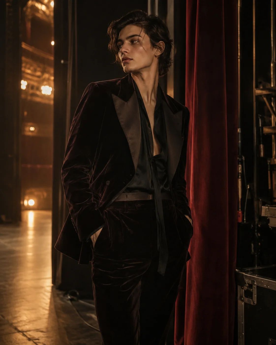 a thoughtful man with long hair; a black velvet evening jacket; a narrow theater corridor