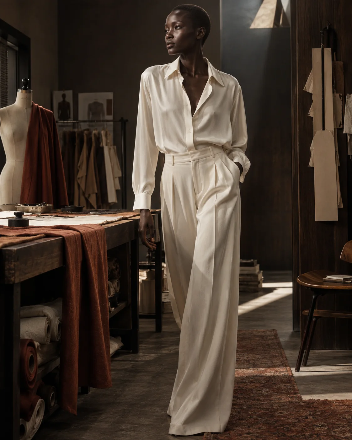 a tall Black model; an ivory wide-leg suit; a working tailor atelier