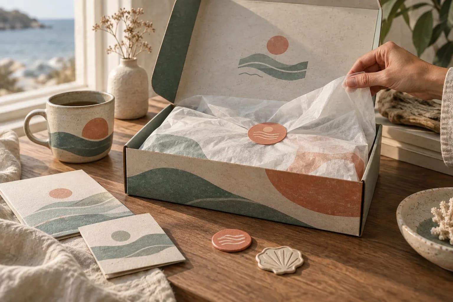 Fictional coastal stationery unboxing with paper wrap, tissue, and ceramic cup