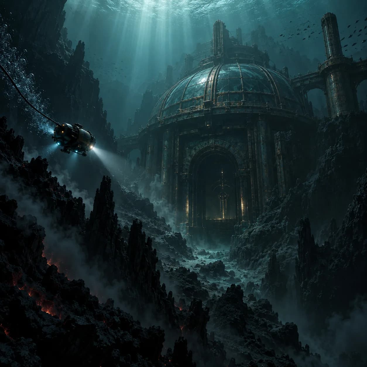 an abandoned underwater observatory in a volcanic trench, a small research drone finding its entrance