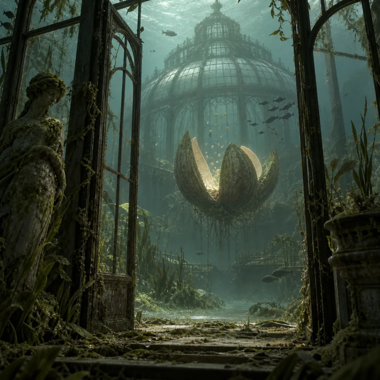 a drowned botanical conservatory in a silt-filled inland lake, a floating seed pod opening inside