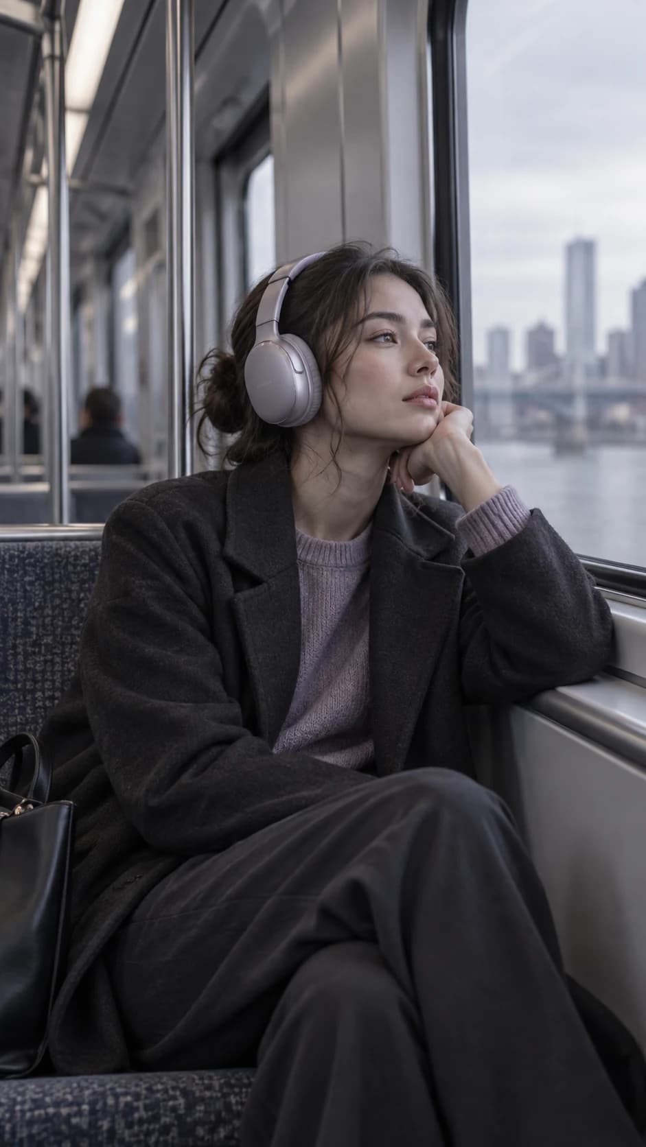 wireless headphones in a minimal commuter train, a quiet seated lifestyle composition with cool overhead light