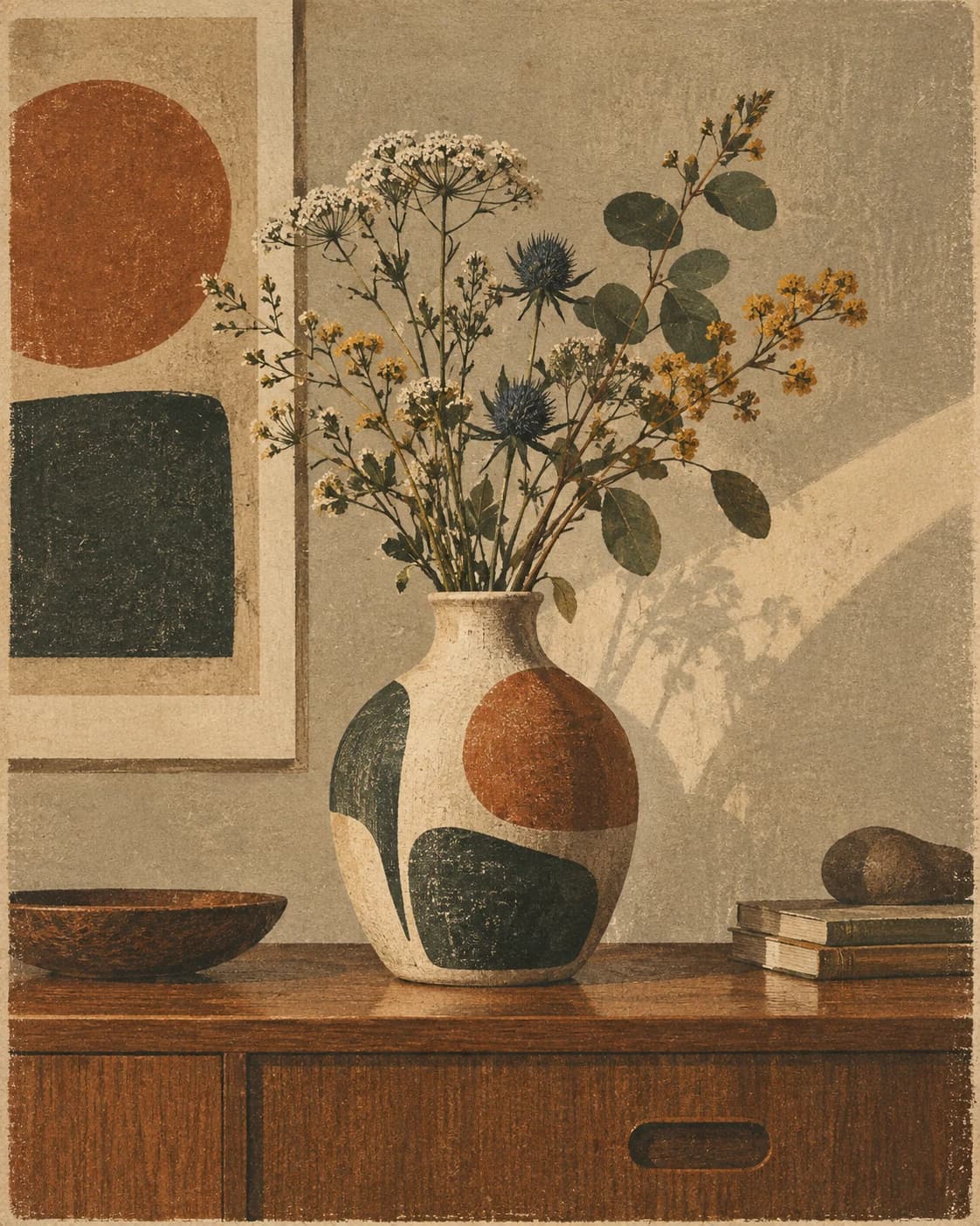 a ceramic vase with wild stems in a mid-century still life on a wooden sideboard, a centered still life with soft studio shadow
