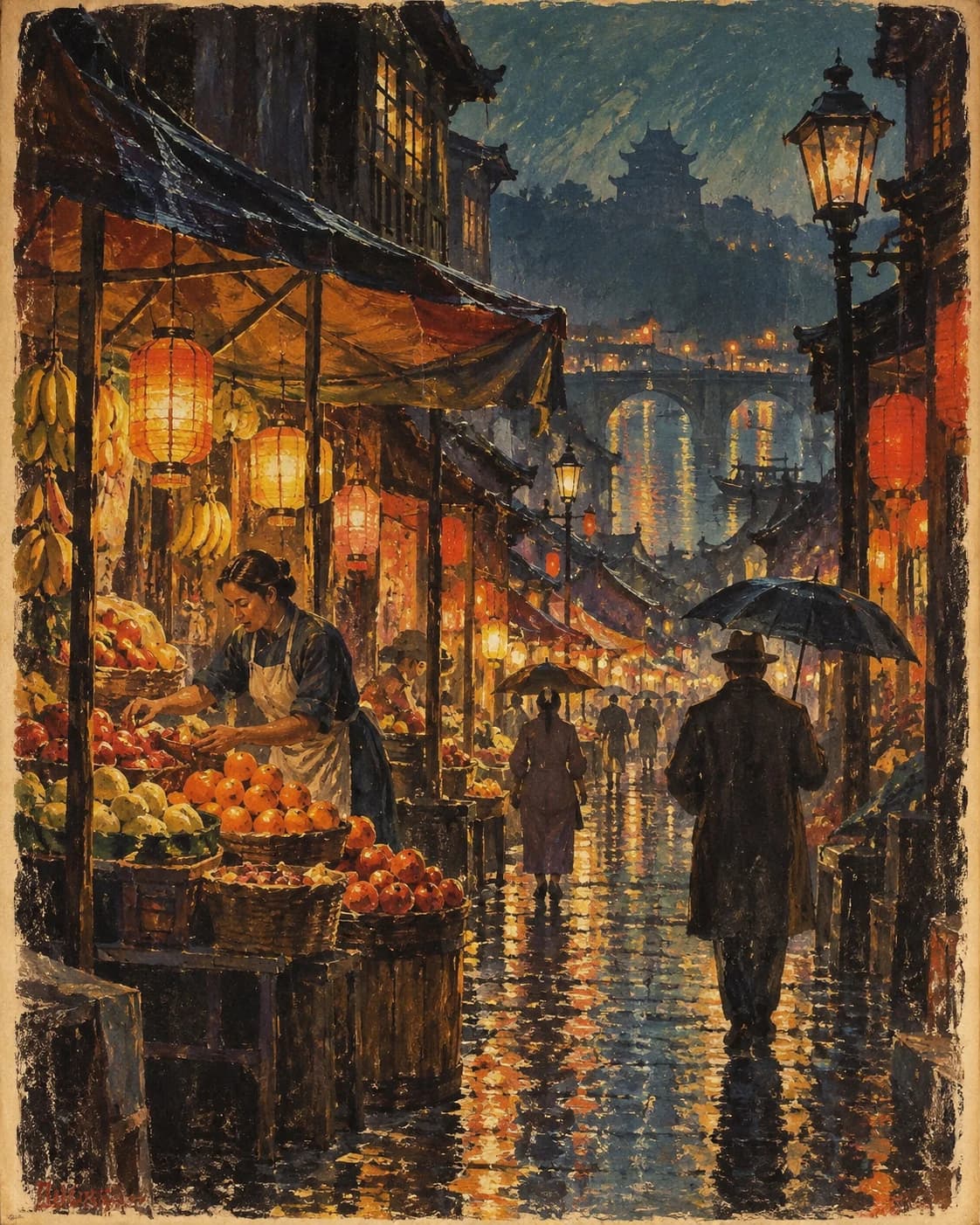 a night market fruit stall in a 1930s travel-poster old-town lane, a layered street perspective with glowing practical lights