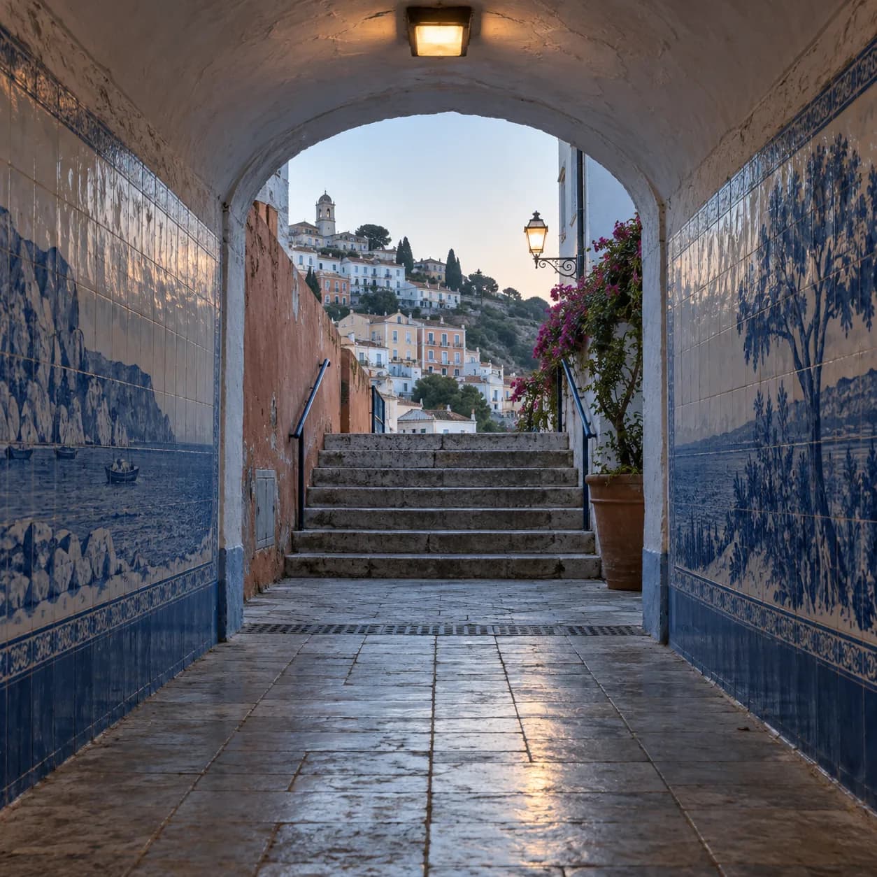 a tiled pedestrian underpass in early morning, a hillside Mediterranean town