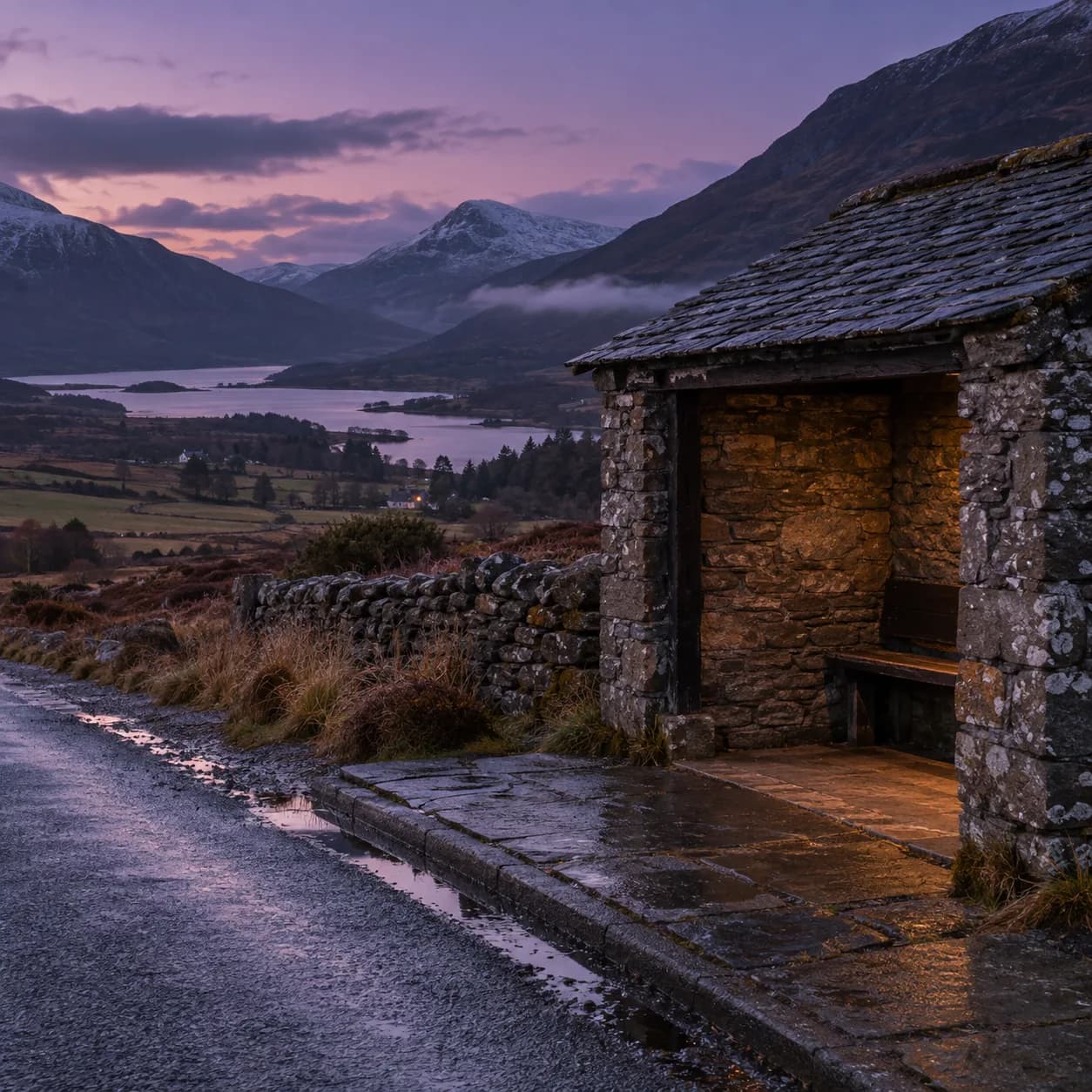 a stone bus shelter in at the last blue hour, a highland farming valley