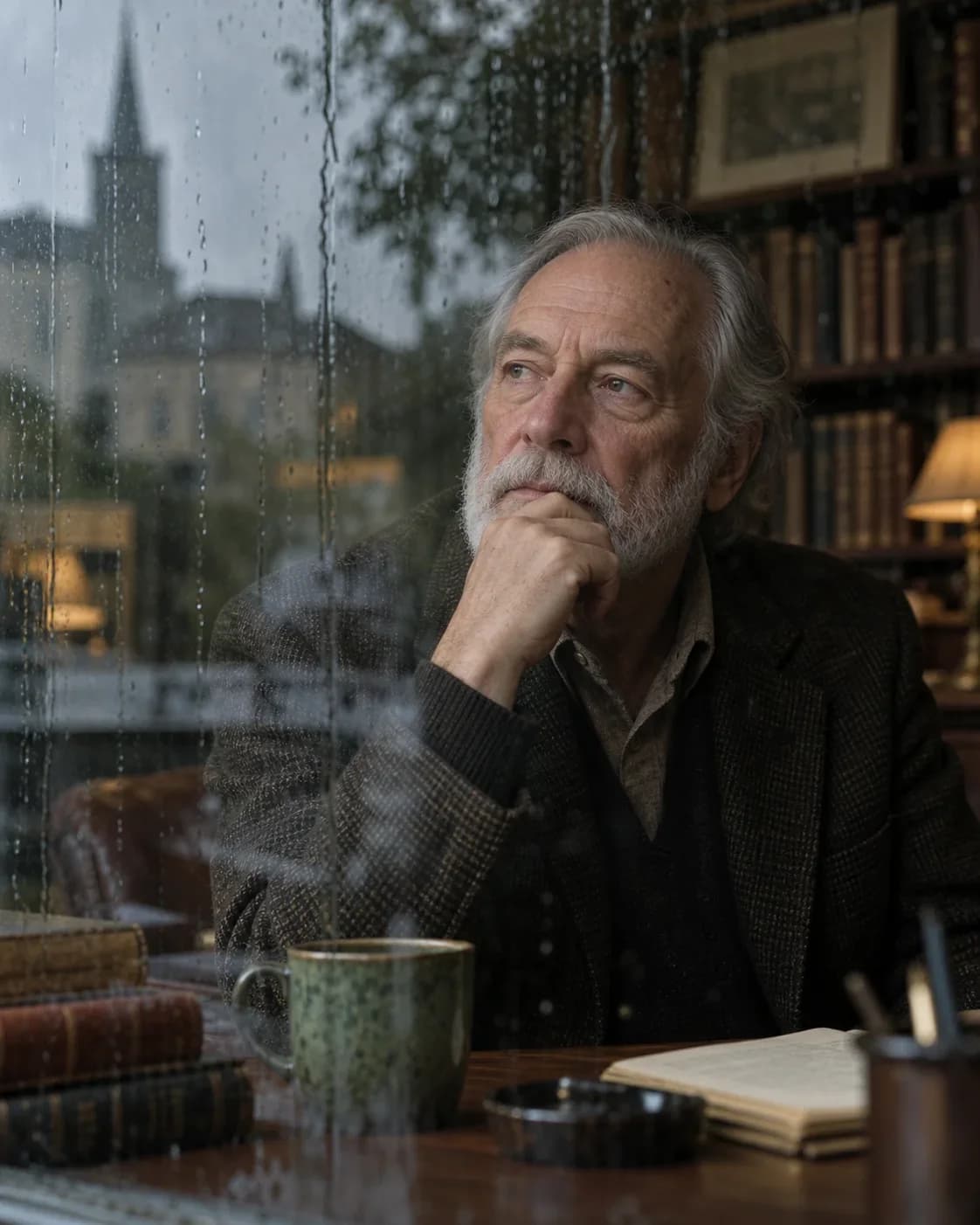 Older man in a library with rain-streaked window reflections